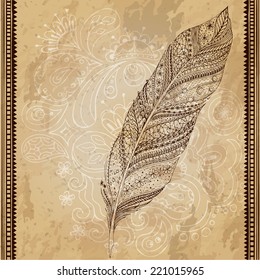 Artistically drawn, stylized, vector tribal graphic feather with hand drawn swirl doodle pattern. Grunge background. Illustration is created from a personal sketch by trace. Series of doodle feather.