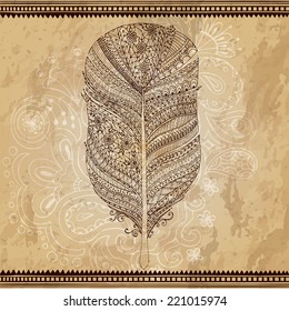 Artistically drawn, stylized, vector tribal graphic feather with hand drawn swirl doodle pattern. Grunge background. Illustration is created from a personal sketch by trace. Series of doodle feather.