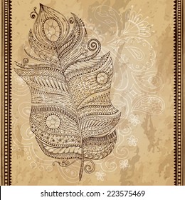 Artistically drawn, stylized, vector tribal graphic feather with hand drawn swirl doodle pattern. Grunge background. Illustration is created from a personal sketch by trace. Series of doodle feather.