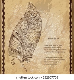 Artistically drawn, stylized vector tribal graphic feather with hand drawn swirl doodle pattern. Grunge background. Illustration is created from a personal sketch by trace. Series of doodle feather.