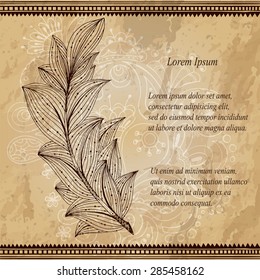 Artistically drawn, stylized vector tribal graphic feather with hand drawn swirl doodle pattern. Grunge background. Illustration is created from a personal sketch by trace. Series of doodle feather.