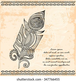 Artistically drawn, stylized, vector tribal graphic feather with hand drawn swirl doodle pattern. Grunge background. Illustration is created from a personal sketch by trace.