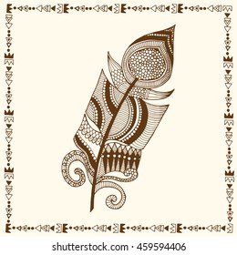 Artistically drawn, stylized, vector tribal graphic feather with hand drawn swirl doodle pattern.