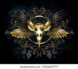 Artistically drawn, symmetrical, composition of black and gold, bird wings, golden, bird skull decorated with gilded pattern on dark, textured background.Gothic style