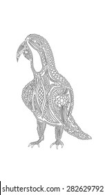 Artistically drawn, zentangle stylized parrot vector, illustration, freehand pencil, lace pattern