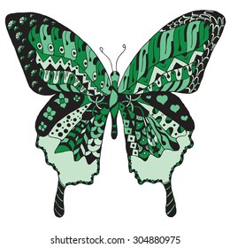 Artistically hand drawn, zentangle stylized butterfly vector, illustration, freehand pencil