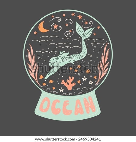 An artistically illustrated underwater world put into snow globe with name Ocean, featuring a mermaid, aquatic creatures, stars. Mystical vector made in soft hues, can be nice addon for designs.