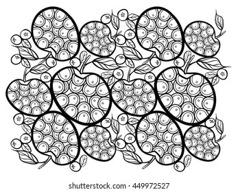 Artistically ornamental patterned Apples and Blueberries in doodle, zentangle style for adult coloring pages, tattoo, t-shirt or prints. Hand drawn Vector illustration