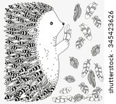 Artistically ornamental prickly hedgehog and feathers. Hand-drawn, ethnic, floral, retro, doodle, vector, zentangle, tribal design elements. Pattern for coloring book