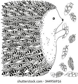 Artistically ornamental prickly hedgehog and feathers. Hand-drawn, ethnic, floral, retro, doodle, vector, zentangle, tribal design elements. Pattern for coloring book