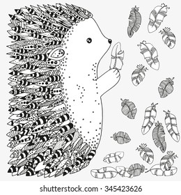 Artistically ornamental prickly hedgehog and feathers. Hand-drawn, ethnic, floral, retro, doodle, vector, zentangle, tribal design elements. Pattern for coloring book