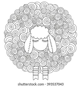 Artistically ornamental sheep.  Swirls, ringlets. Hand-drawn, ethnic, doodle, vector, zentangle, tribal design element. Coloring book for adult and children.