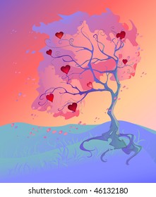 artistically painted, beautiful tree with hearts and pink foliage in the background of the orange sky and green grass.