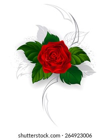 Artistically painted, blooming red rose with gray leaves in style of tattoo on white background.