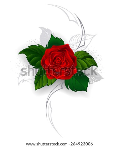 Artistically painted, blooming red rose with gray leaves in style of tattoo on white background.