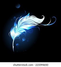 Artistically painted, bright, blue feather on black background.