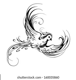 Artistically painted, contour bird on white background.