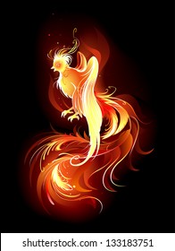 artistically painted, the fire bird with a long beautiful tail on a black background.