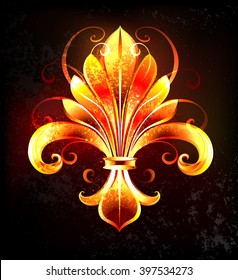 Artistically painted fire fleur de lis on black textural background.