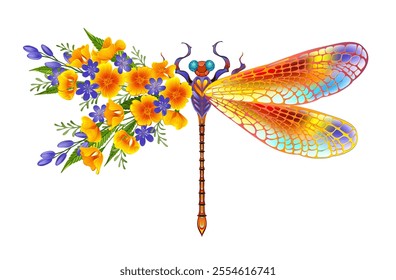 Artistically painted, floral dragonfly in contrasting orange and purple with yellow, bright, blooming California poppy and blue wildflowers on white background. 