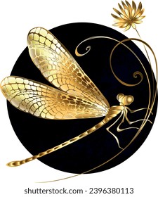 Artistically painted, gold, jewelry, sparkling dragonfly with detailed, filigree wings on golden wild flower, against black textured circle. Golden dragonfly. Hand drawn vector art.