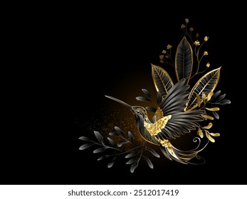 Artistically painted, jewelery black flying hummingbird on a black background with flowers of exotic plants and twigs of golden, shiny gypsophila. Design with gold hummingbird.