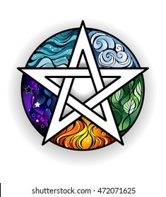 Artistically painted magical pentagram with elements of water, earth, air, fire, astral, on white background.