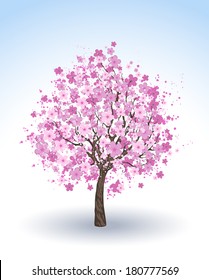 Artistically painted pink flowering cherry tree on white background.