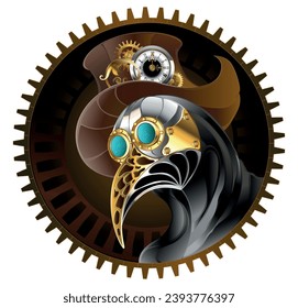 Artistically painted plague doctor in brown hat top hat decorated with gold gears and antique clock on brown background. Steampunk style.