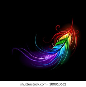 Artistically Painted Rainbow Feather On Black Background.