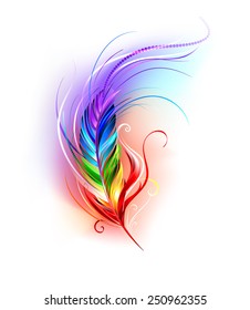 Artistically Painted Rainbow Feather On White Background. 