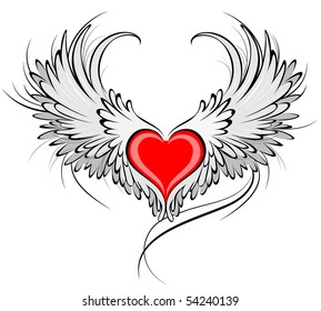 artistically painted red heart with angel wings gray, decorated with black smooth contour.