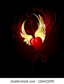 artistically painted red heart with wings of gold foil.