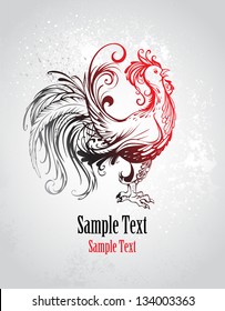 artistically painted red rooster with a black tail with a gray background.