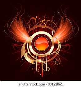 artistically painted, red-hot round banner with fiery wings phoenix on a black background.