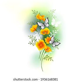 Artistically painted, small bouquet of orange Caliphony poppy flowers with white butterflies sitting on them against white background stained with green paint.