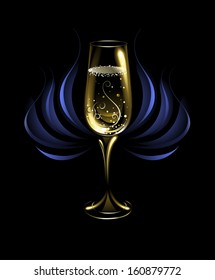 Artistically painted, tall, glowing with golden champagne glass on black background, decorated with abstract blue flower.