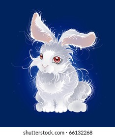 artistically painted, very fluffy, white little rabbit on the dark blue glowing background.