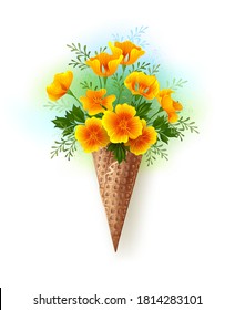 Artistically painted waffle cone with small bouquet of orange, California poppy on white background, painted with blue and green paint.