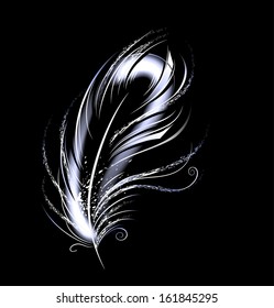 Artistically painted, white, light, luminous feather on black background.