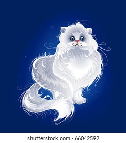 artistically painted, white, very fluffy Persian cat on a dark blue glowing background.