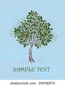 Artistically painted young tree with green leaves on blue textural background.