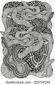 Artistically snakes. A bunch of snakes. Image with intertwined snakes. A4 size.  Ethnic patterns. Hand-drawn, ethnic, floral, retro, doodle, vector, zentangle tribal design element. 