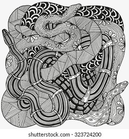 Artistically snakes. A bunch of snakes. Image with intertwined snakes. Ethnic patterns. Hand-drawn, ethnic, floral, retro, doodle, vector, zentangle tribal design element. 