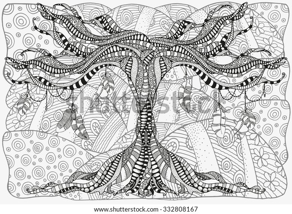 Download Artistically Tree Feathers Zentangle Landscape Sketch ...