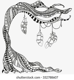 Artistically tree and feathers. Zentangle patterns. Sketch by trace. Hand-drawn tribal, ethnic, floral, retro, doodle, vector, tribal design element. Black and white. For coloring book.