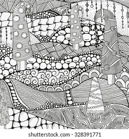 Artistically winter, christmas, ethnic pattern with Xmas trees. Pattern for coloring book. Vector.  Hand-drawn, floral, retro, doodle, zentangle, tribal design element.