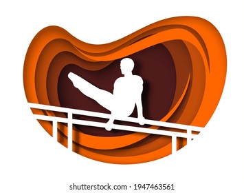 Artistics gymnastics. Male gymnast doing exercises on parallel bars, vector illustration in paper art style. Athlete, sportsman white silhouette. Artistics gymnastics competition.