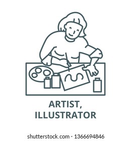 Artist,illustrator, woman line icon, vector. Artist,illustrator, woman outline sign, concept symbol, flat illustration