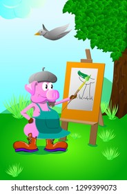 Artist-pig.Pig in a beret and artist's apron draws a landscape on the easel with paint.